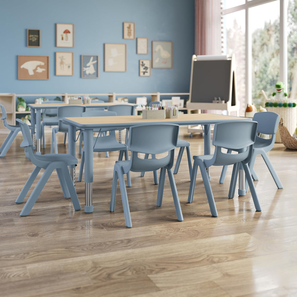 7-Piece Kids Activity Table and Chair Set, NAT/Dusty Blue