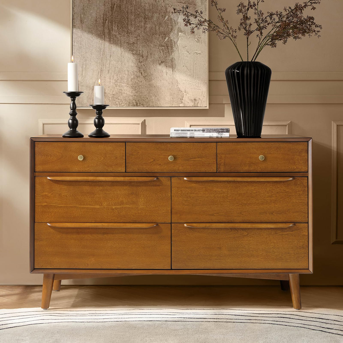 7 Drawer Dresser, 52" Wide Mid-Century Modern Chest of Drawers with Built-in Drawer Dividers, Wooden Bedroom Drawer