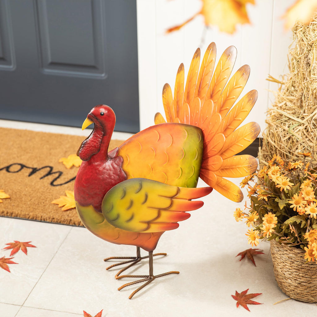 21.5"H Thanksgiving Metal Turkey Porch Decor, Farmhouse Hand-Painted Rustic Turkey Sculpture Statue Sign for