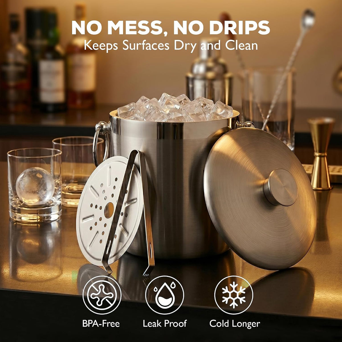 Insulated Ice Bucket With Lid, Tongs & Strainer - 3 Liter Premium Stainless Steel Ice Bucket for Cocktail Bar, Keeps