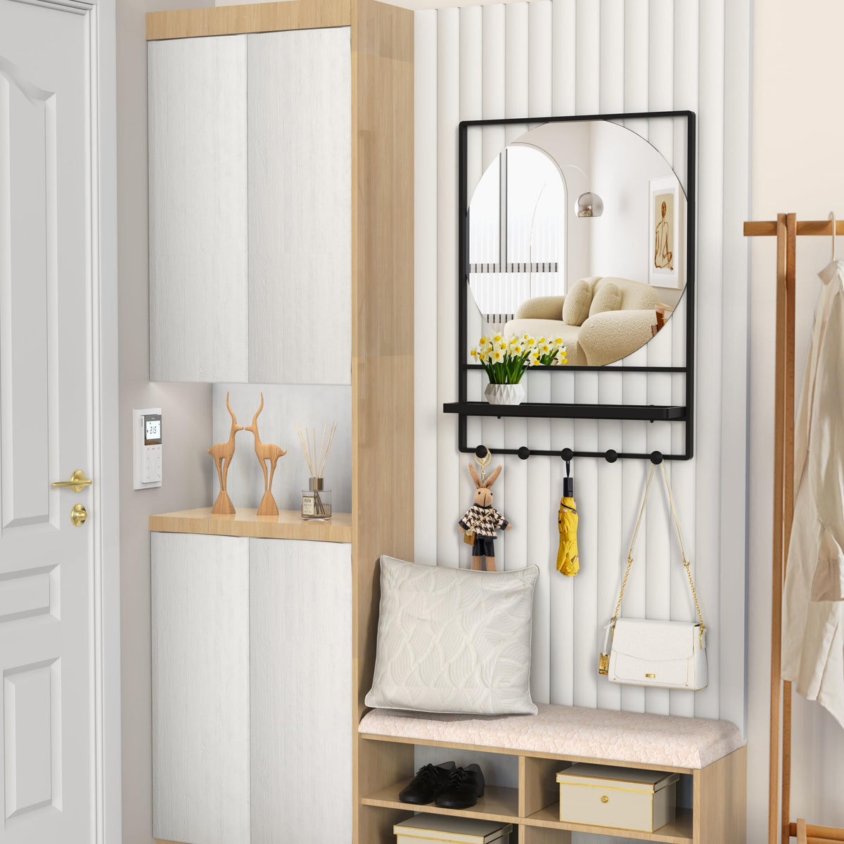 Wall Mirror with Shelf and Hooks, 21" X 28" Metal Framed Bathroom Mirror with Shelf, Decorative Mirror (Black, 21 x