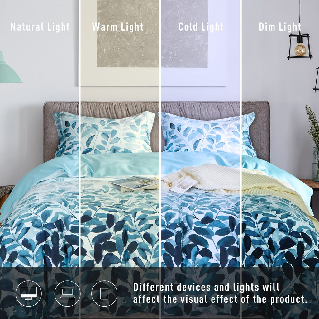 100% Long Staple Cotton Duvet Cover Set Gradient Blue Leaves Printed Comforter Cover Set Farmhouse Plant Comforter