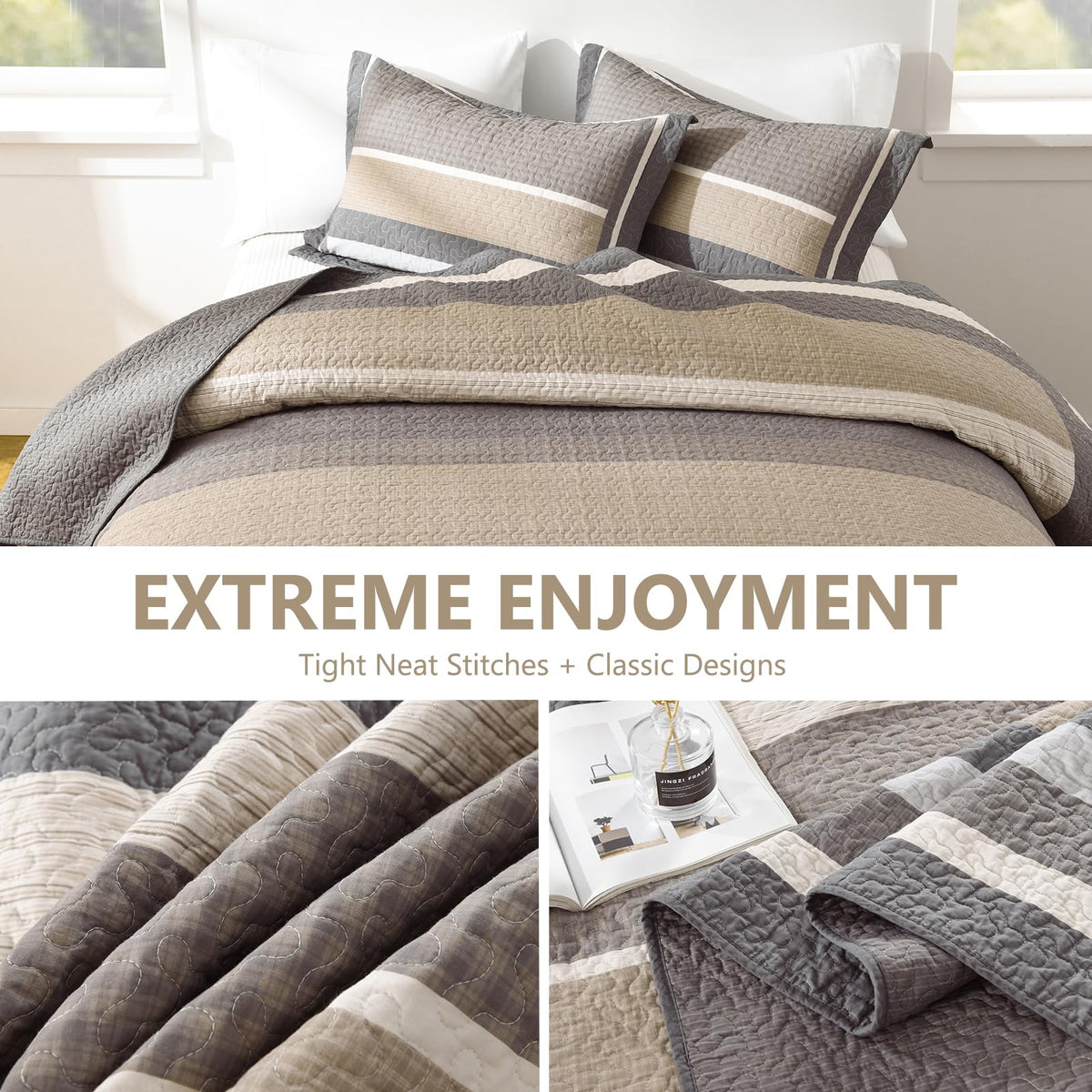 100% Cotton Quilts Quilt Bedding Set Bedspread, Striped Quilt for Bed, 3 Pieces Farmhouse