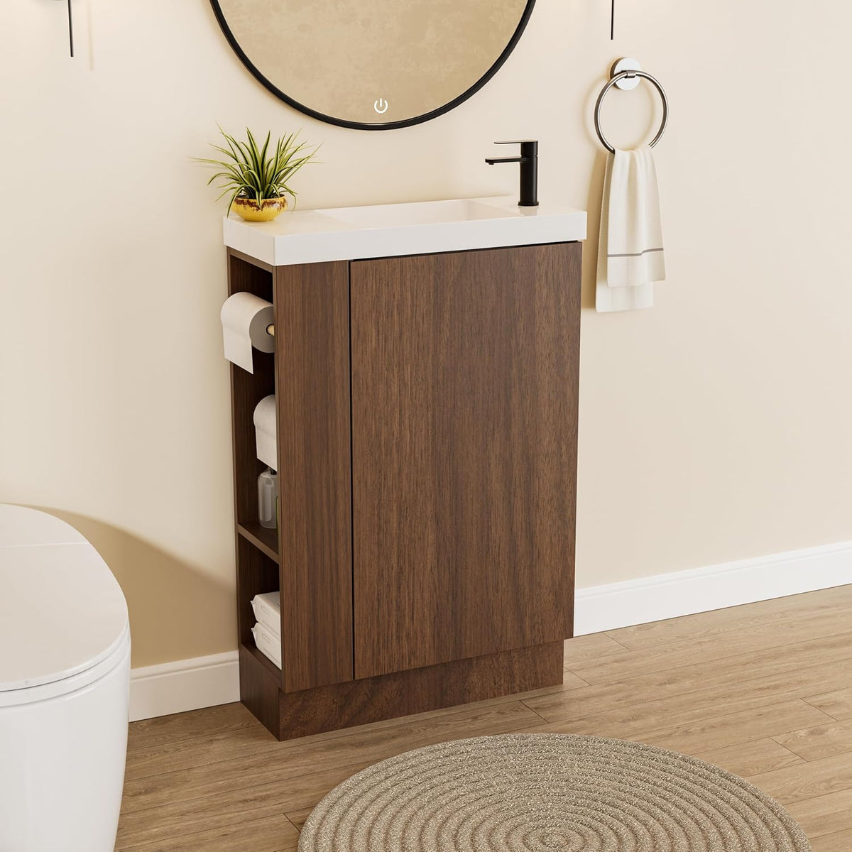 20 Inch Small Bathroom Vanity with Sink, Narrow Depth Wood Cabinet with Soft-Close Door and Adjustable Shelves, Walnut