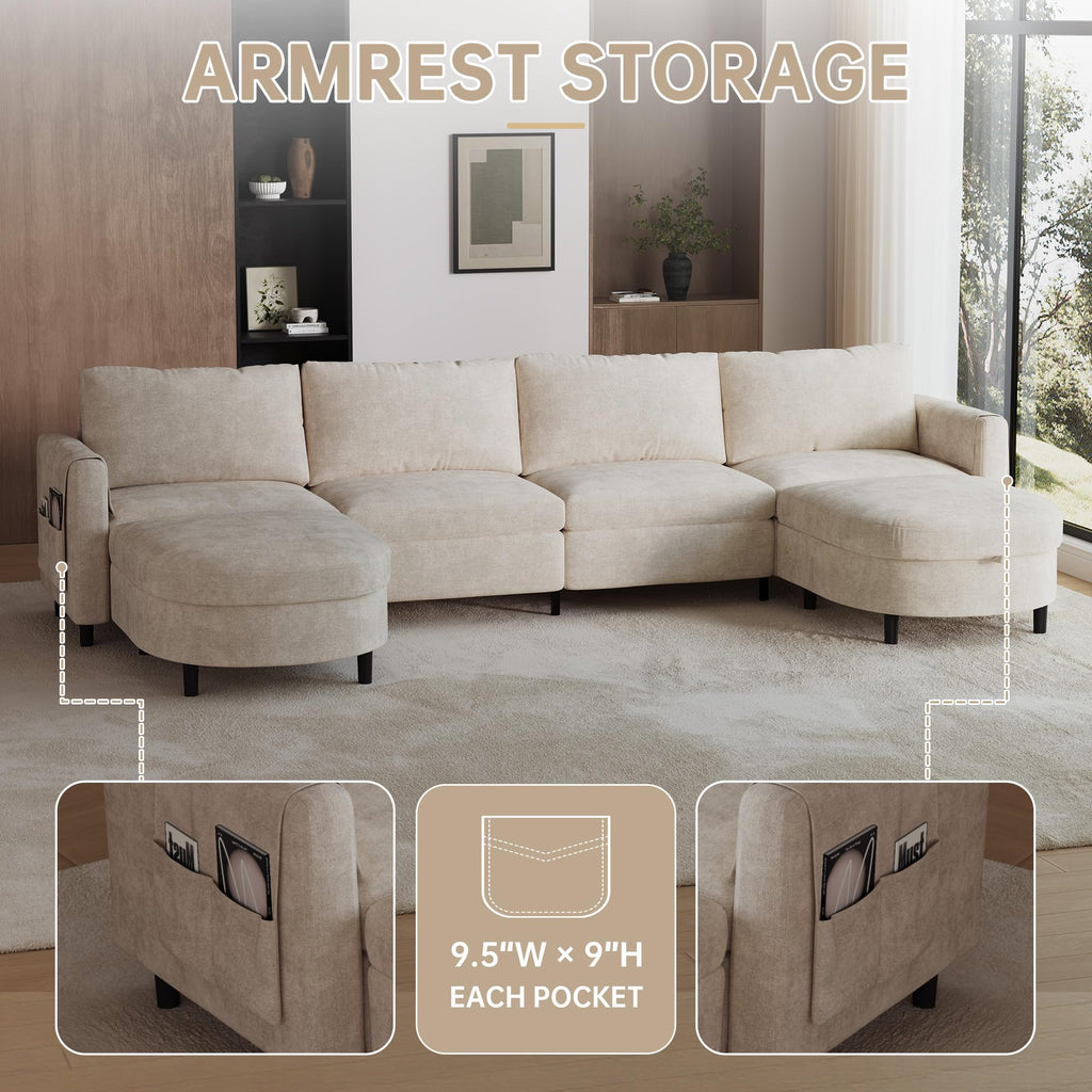 139" Beige White Sectional Couch U Shaped Sofa