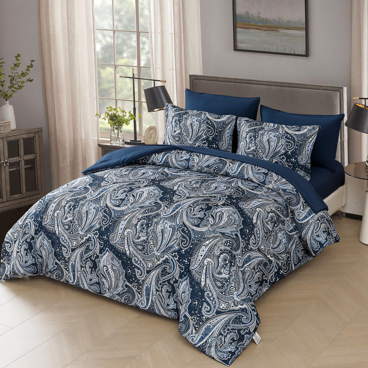 Navy Paisley Comforter Set Queen Size 7 Piece Bed in a Bag