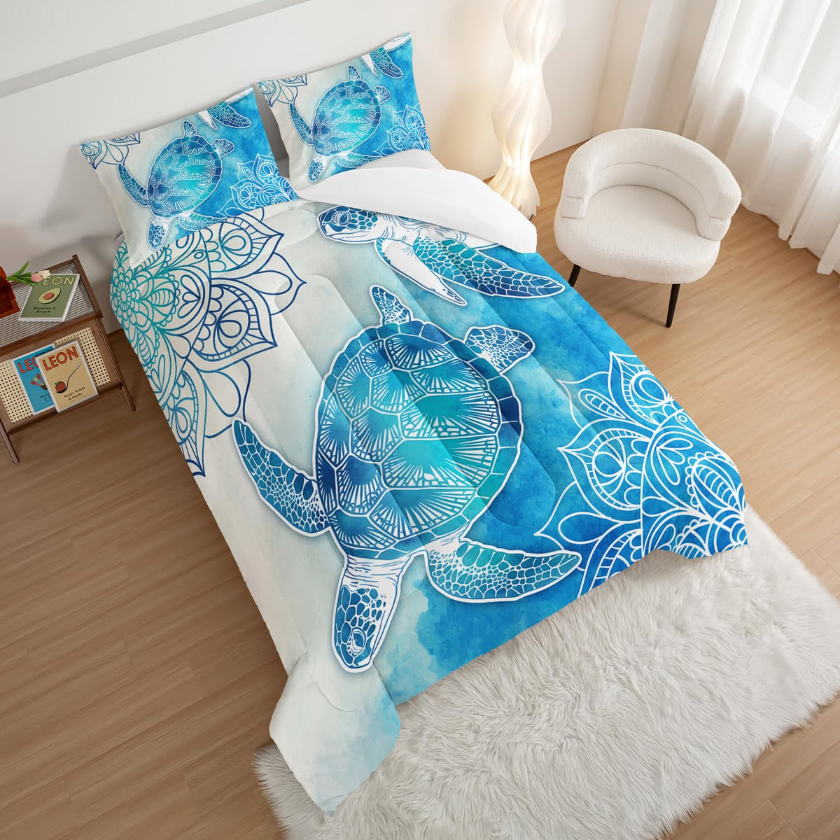 Sea Turtle Comforter Set, Coastal Bedding with 2 Pillowcases.