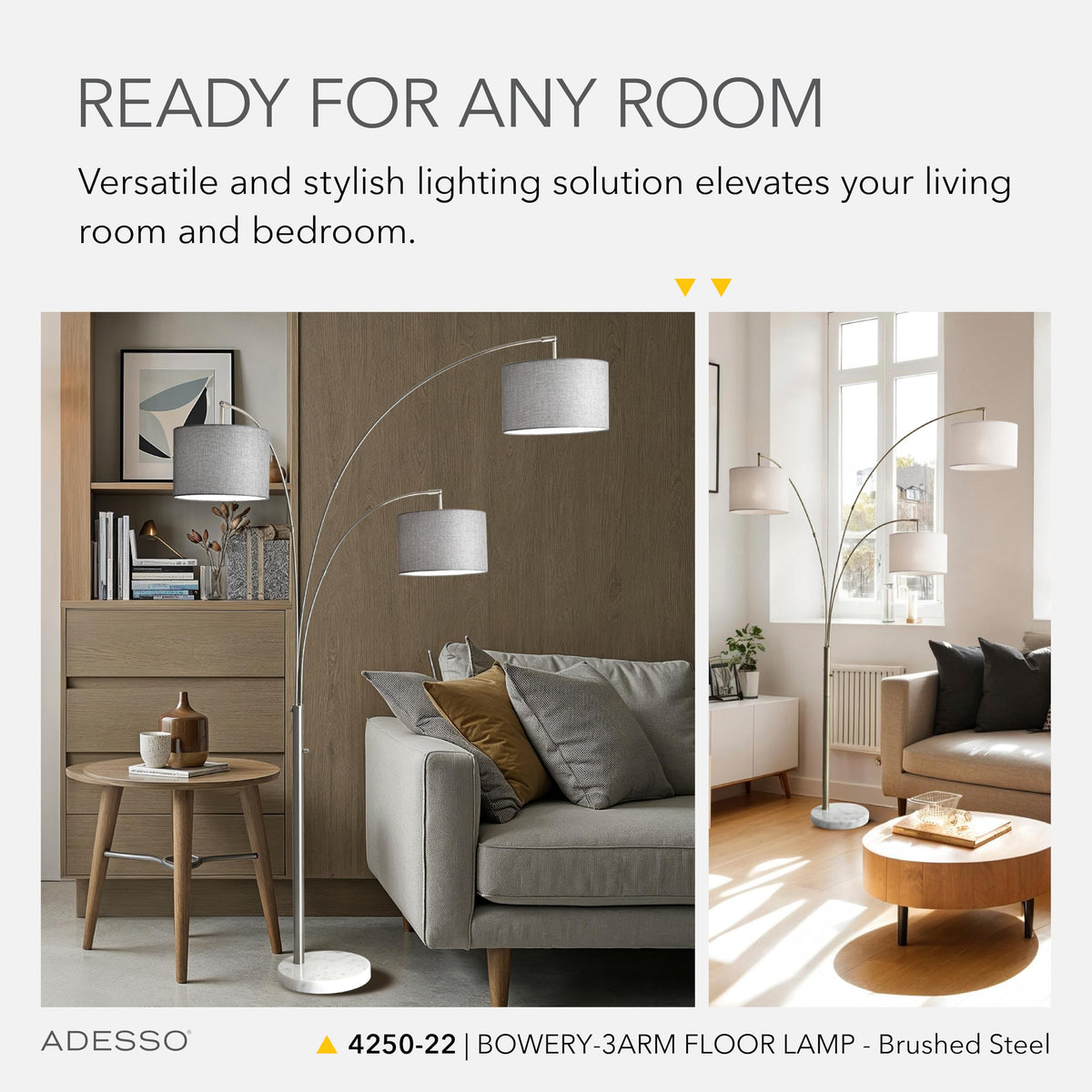 Inspired Arco Style 4250-22 Bowery 3-Arm Arc Lamp, 74 in, 3 x 100W Incandescent/26W CFL, Brushed Steel Finish, 1 Floor Lamp, Grey