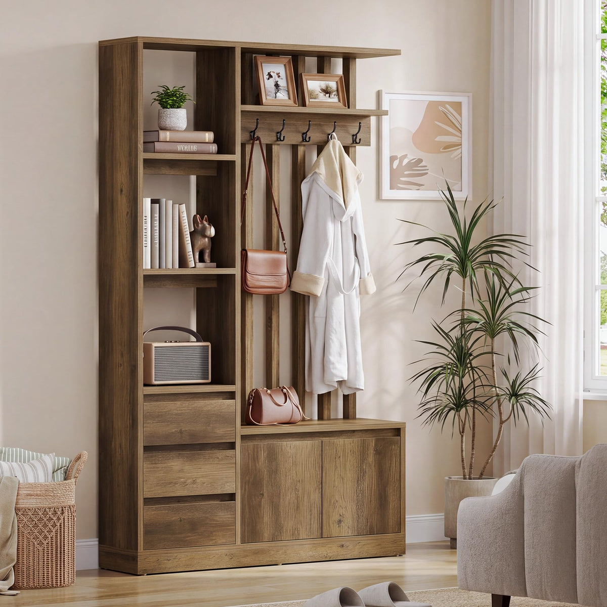 Hall Tree with Bench and Shoe Storage, Farmhouse Entryway Bench