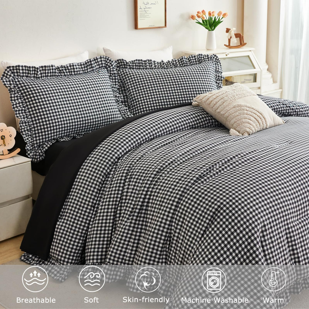 Gingham Comforter Set 5 Pieces Black Ruffled Bedding Sets