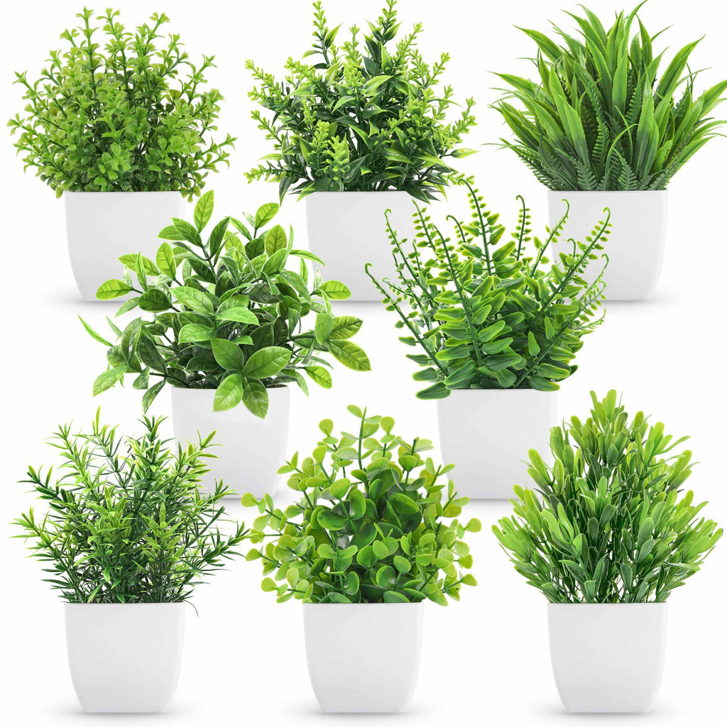 8 Pack Small Fake Plants in White Pots, Bathroom Home Decor Indoor