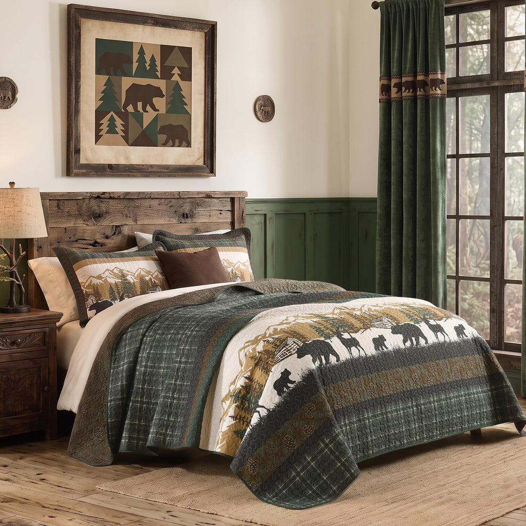 100% Cotton Quilt Set, Rustic Cabin Plaid Bear, Green/Brown