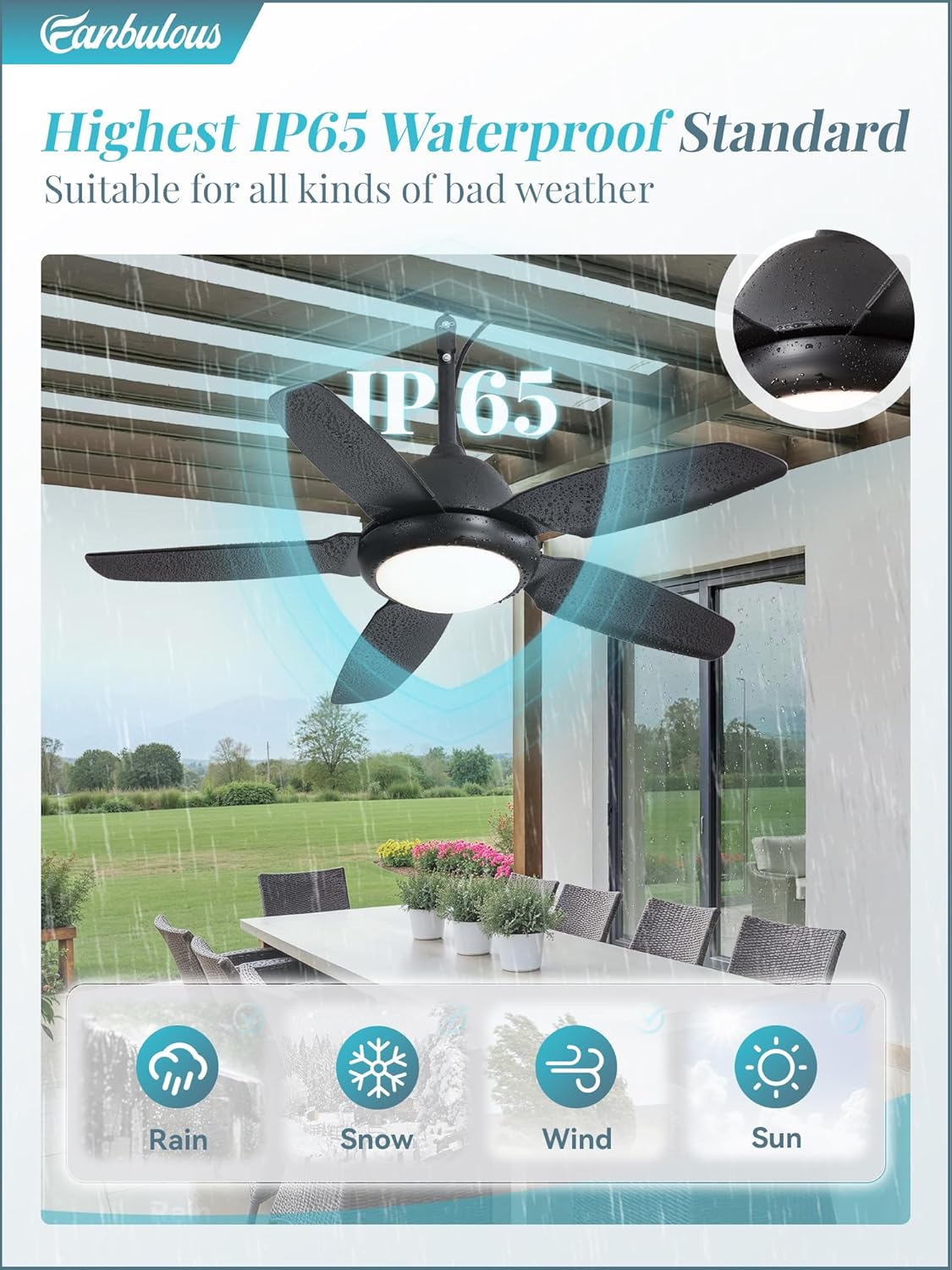 42" Black Outdoor Ceiling Fan with Light & Remote
