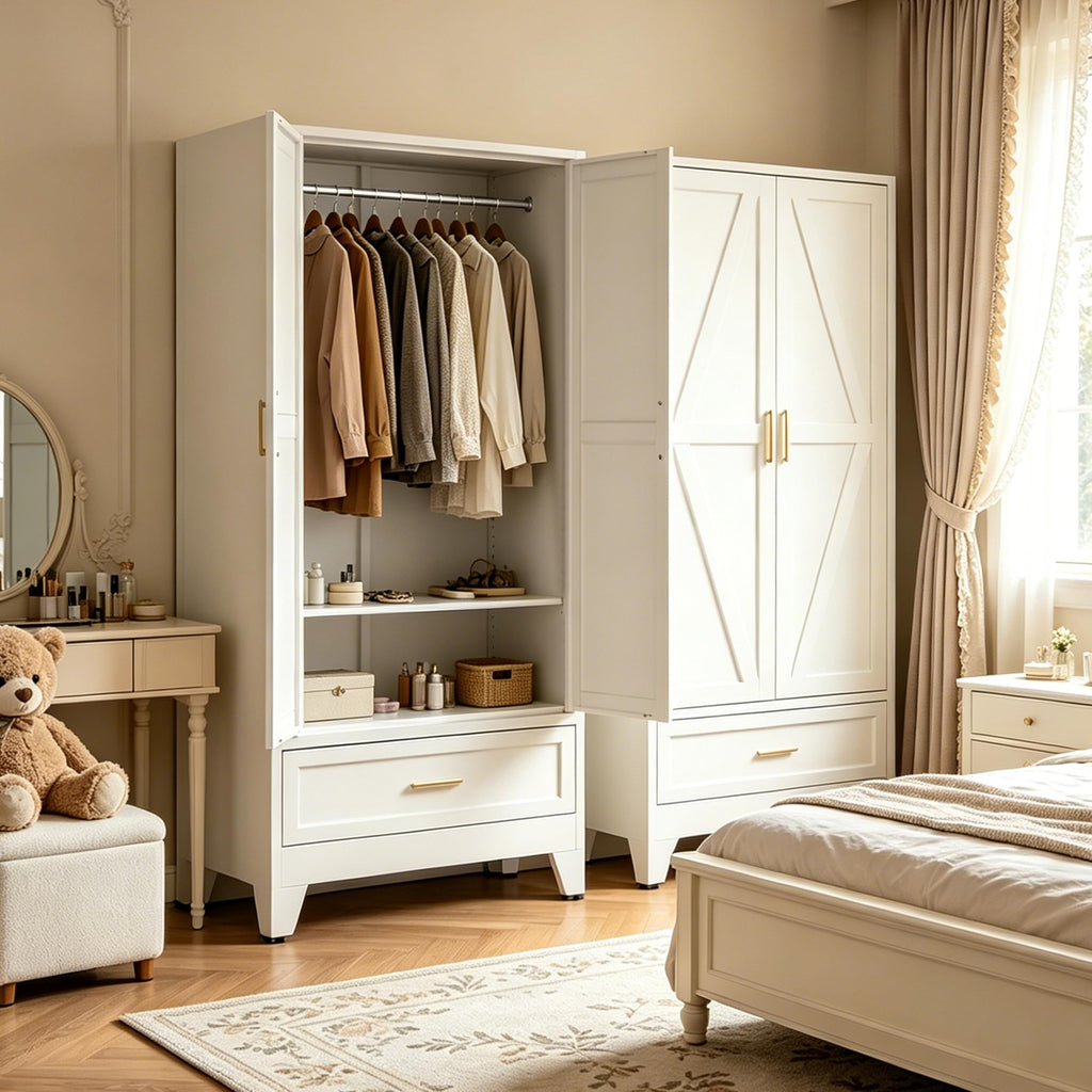 71" H White Closet,Armoire Wardrobe Closet,Metal Wardrobe Closet with Doors and Shelves,Large Wardrobe Closet