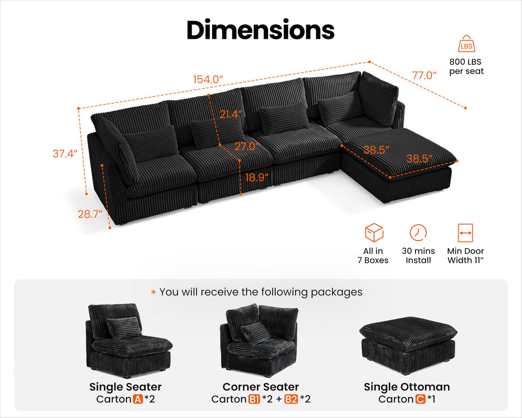 154" Oversize Corduroy Modular Sectional Sofa Couches, Black