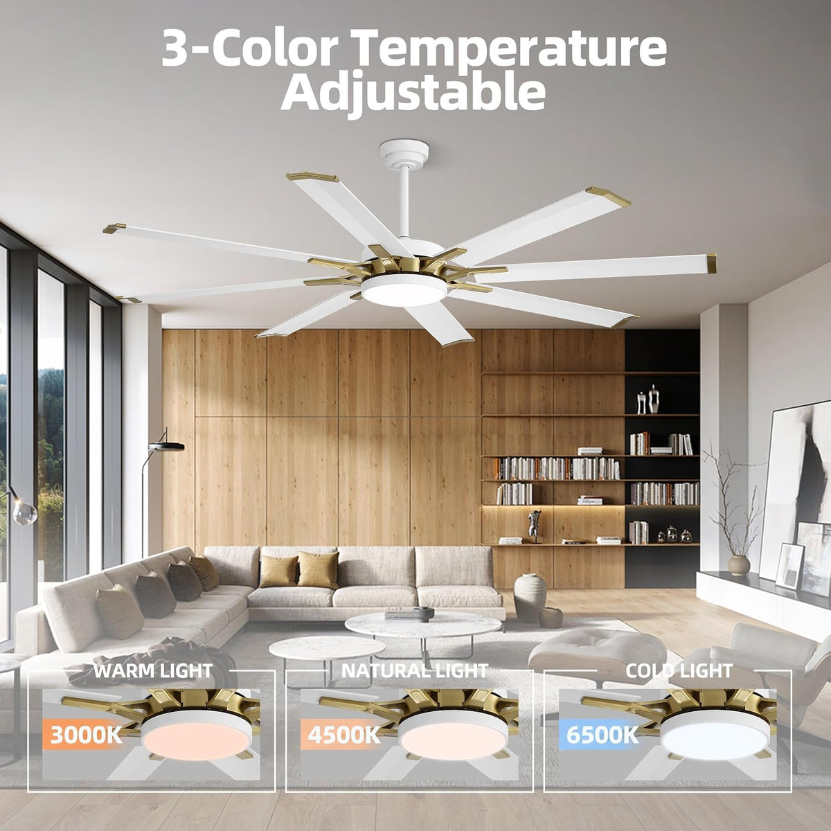 96" Large Ceiling Fan with LED Light and Remote, 8 Aluminum Blades, White and Brass, 6-Speed Reversible DC Motor