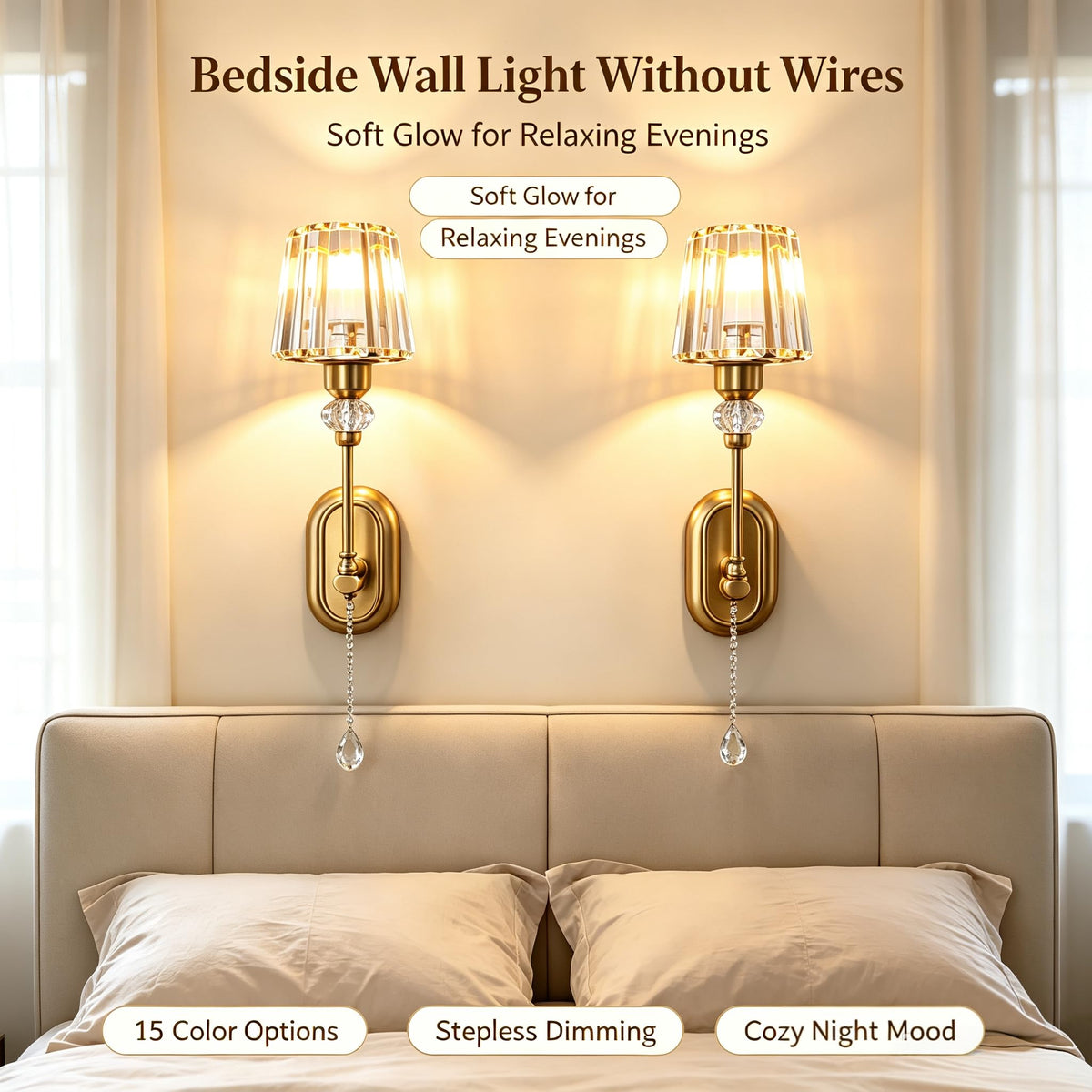 2 Pack Rechargeable Gold Crystal Wall Sconces, 5000mAh Battery Operated Wireless Wall Lamp, 15 Color Changing