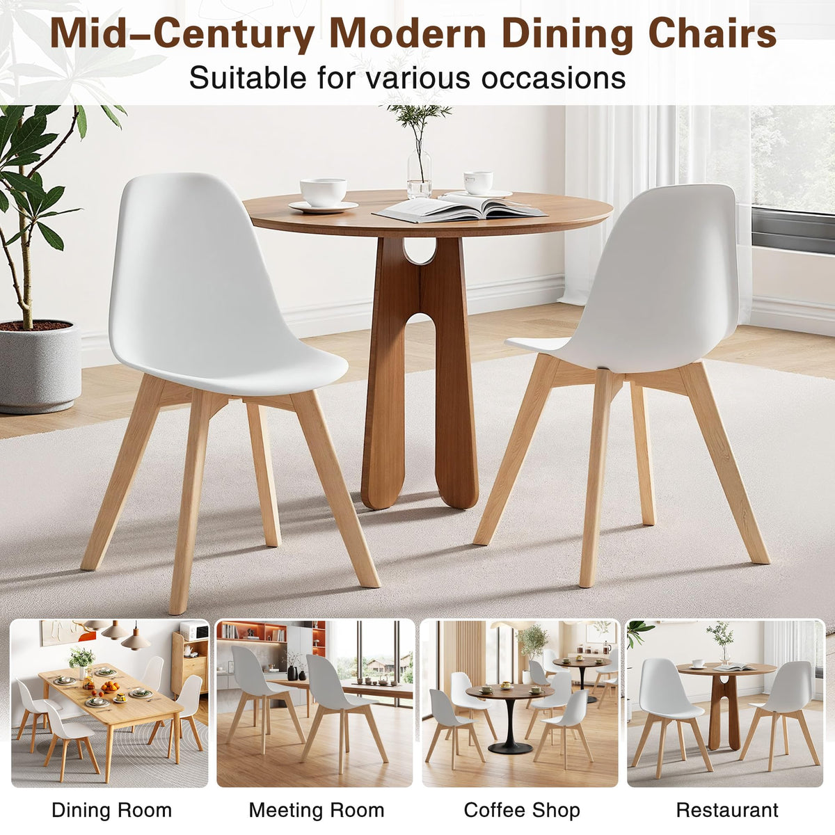 Inspired Eames Style Dining Chairs Set of 4, Mid-Century Modern Kitchen & Dining Room Chairs, Molded Plastic Seat & Back, Solid Wood Legs