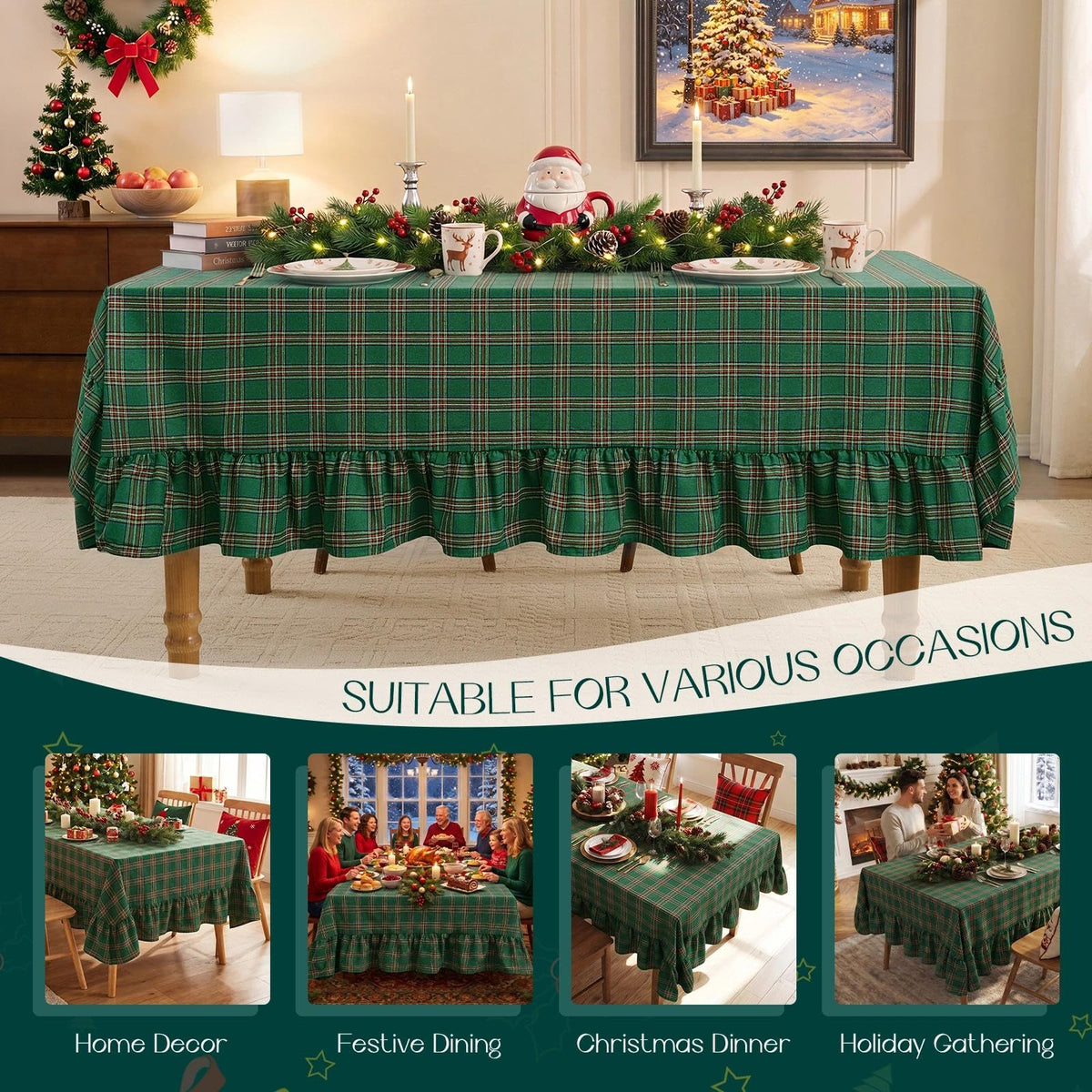 Christmas Plaid Ruffled Tablecloth Rectangle, 60x84 Inch Green