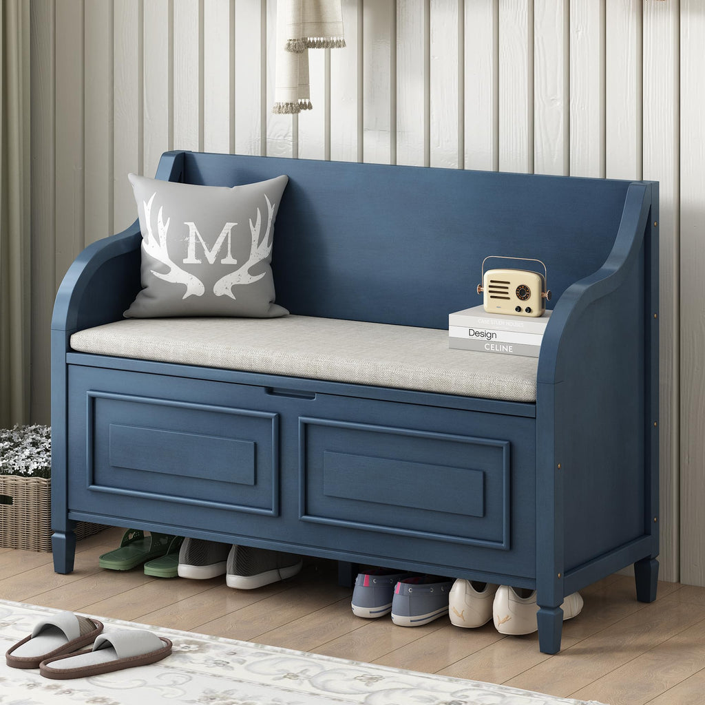 42" Rustic Storage Bench Entryway Bench Shoe Cabinet Ottoman (Antique Navy)