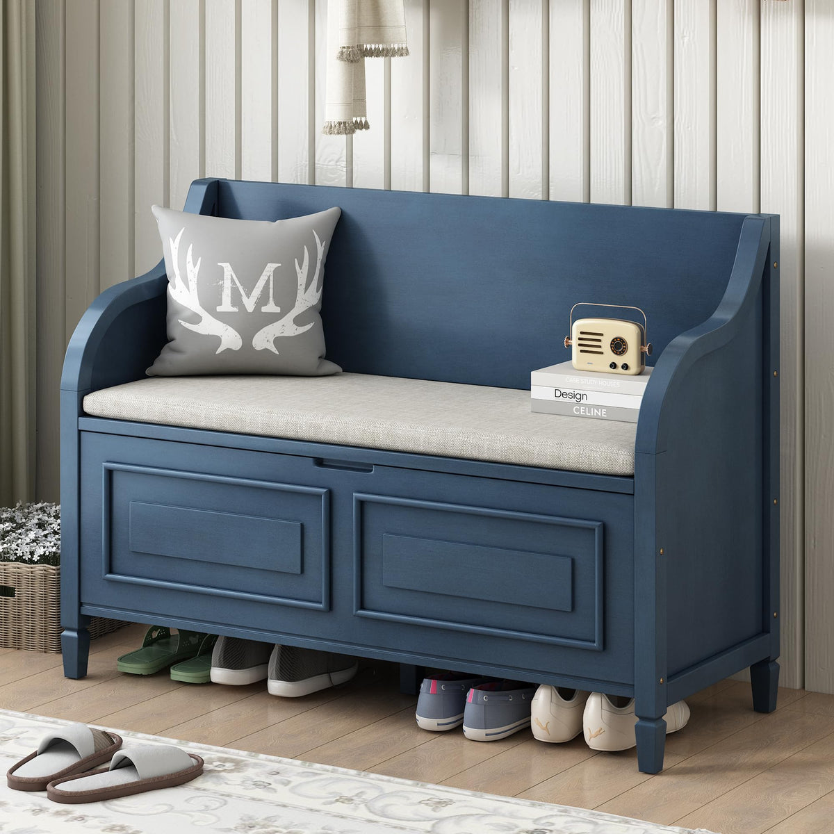 Rustic Style Solid Wood Storage Bench with Safety Hinge, Multifunctional Shoe Bench with Removable Cushion Bedroom