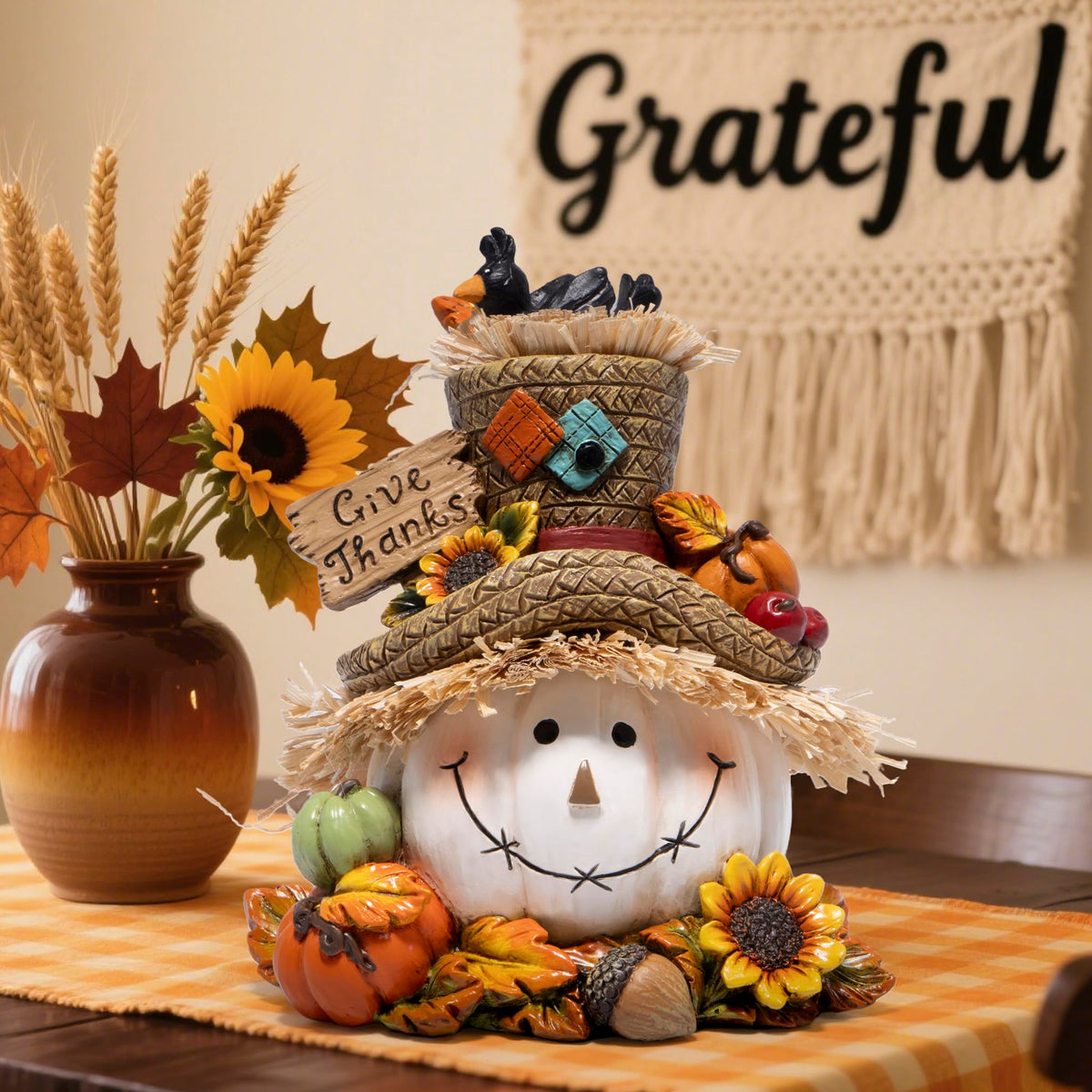 Thanksgiving Pumpkin Decorations, Resin Fall Autumn Figurine with Straw Hat, Birds, Acorns & Sunflowers, Give Thanks