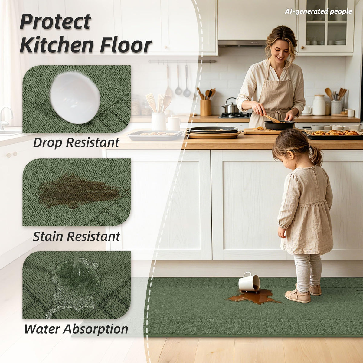 Kitchen Rugs Non Slip Washable 2PCS, 20"x30"+20"x48", Green