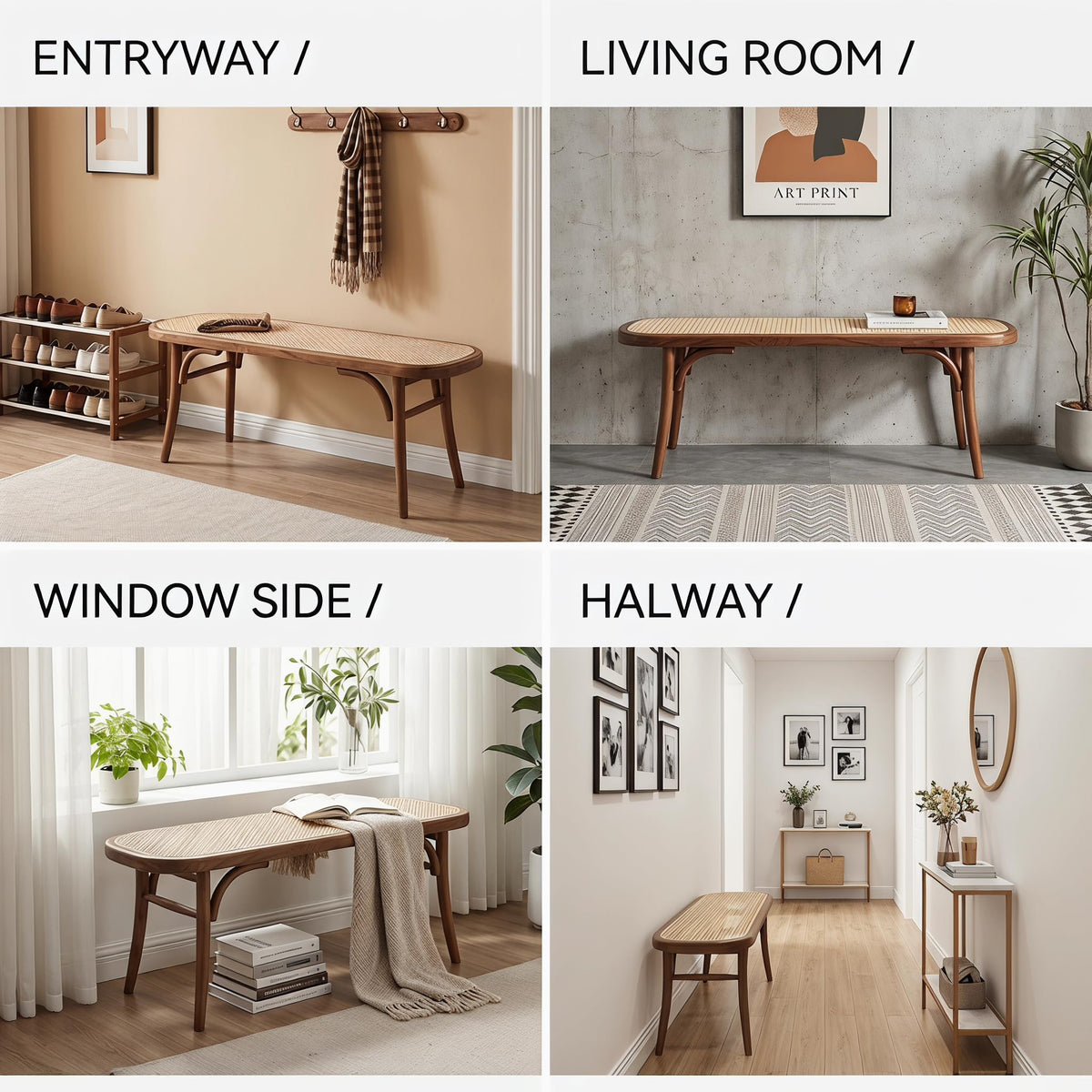 Farmhouse Wood Bench Seat Small Rattan Cane Bench Wicker Bench for End of Bed Living Room Entryway Foyer Indoor, Hand