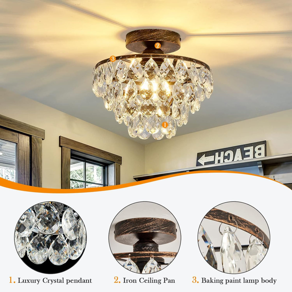 Oil Rubbed Bronze Mini Modern Flush Mount Crystal Chandelier