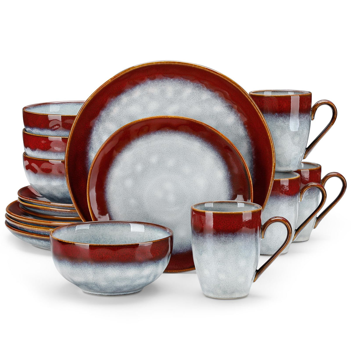 Starry 16 Pcs Dinnerware Set for 4, Handmade Reactive Glaze, Red