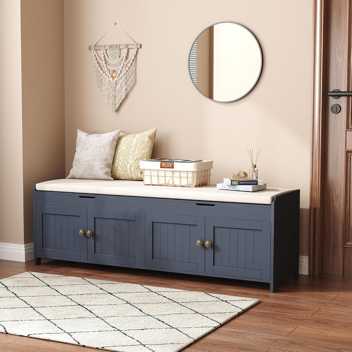 54.4" Shoe Bench with Lift Top Storage, Entryway Bench with Cushioned Seat, Wooden End of Bed Bench, Shoe Cabinet