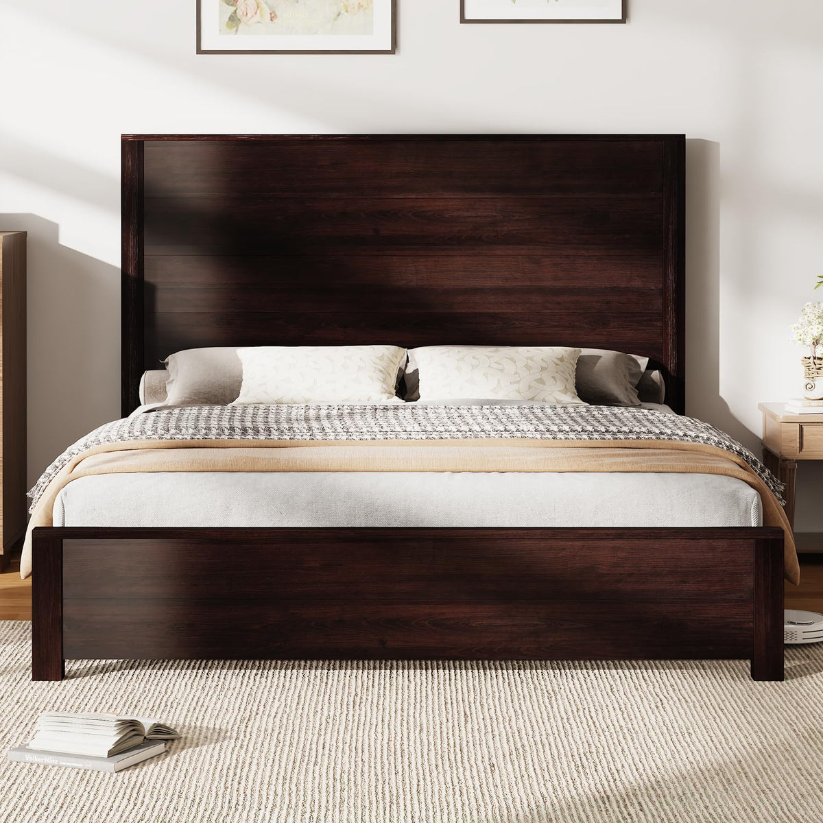 51.2" Queen Size Bed Frame, Farmhouse Wood Platform Bed, Walnut