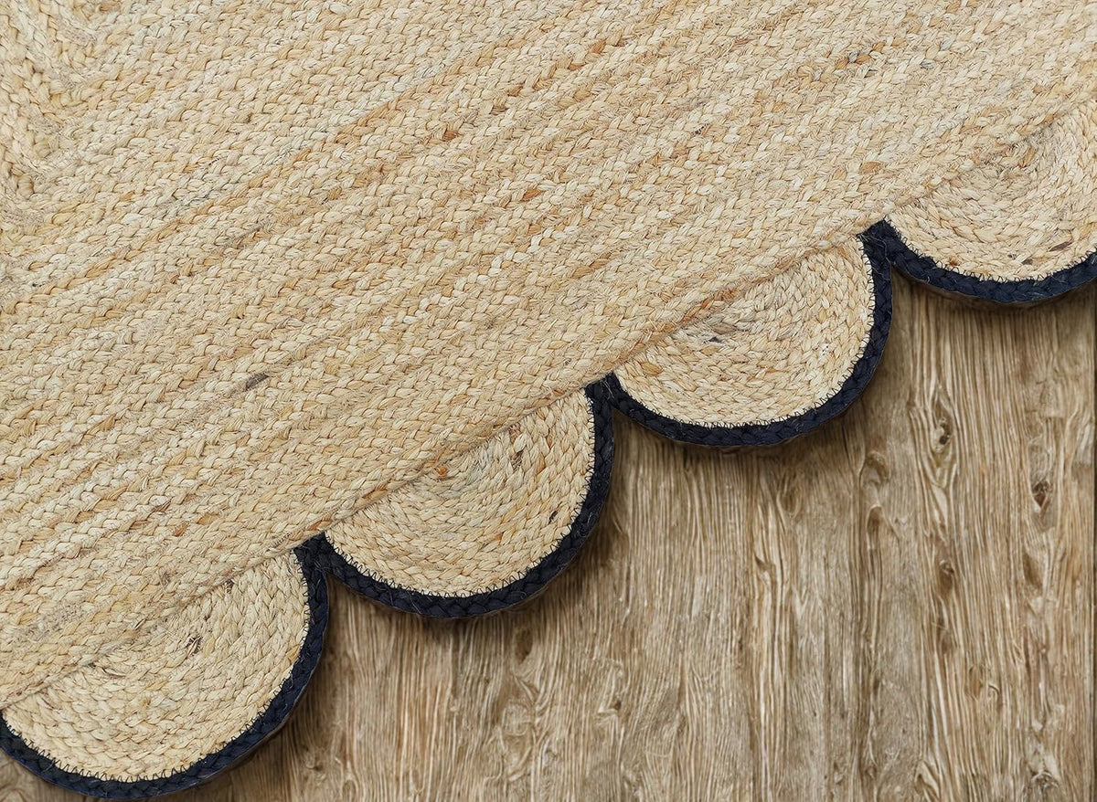 Scalloped Jute Area Rug - 2x3 Ft Natural Handwoven Rug with Black Trim - Farmhouse Boho Entryway Accent Rug Indoor
