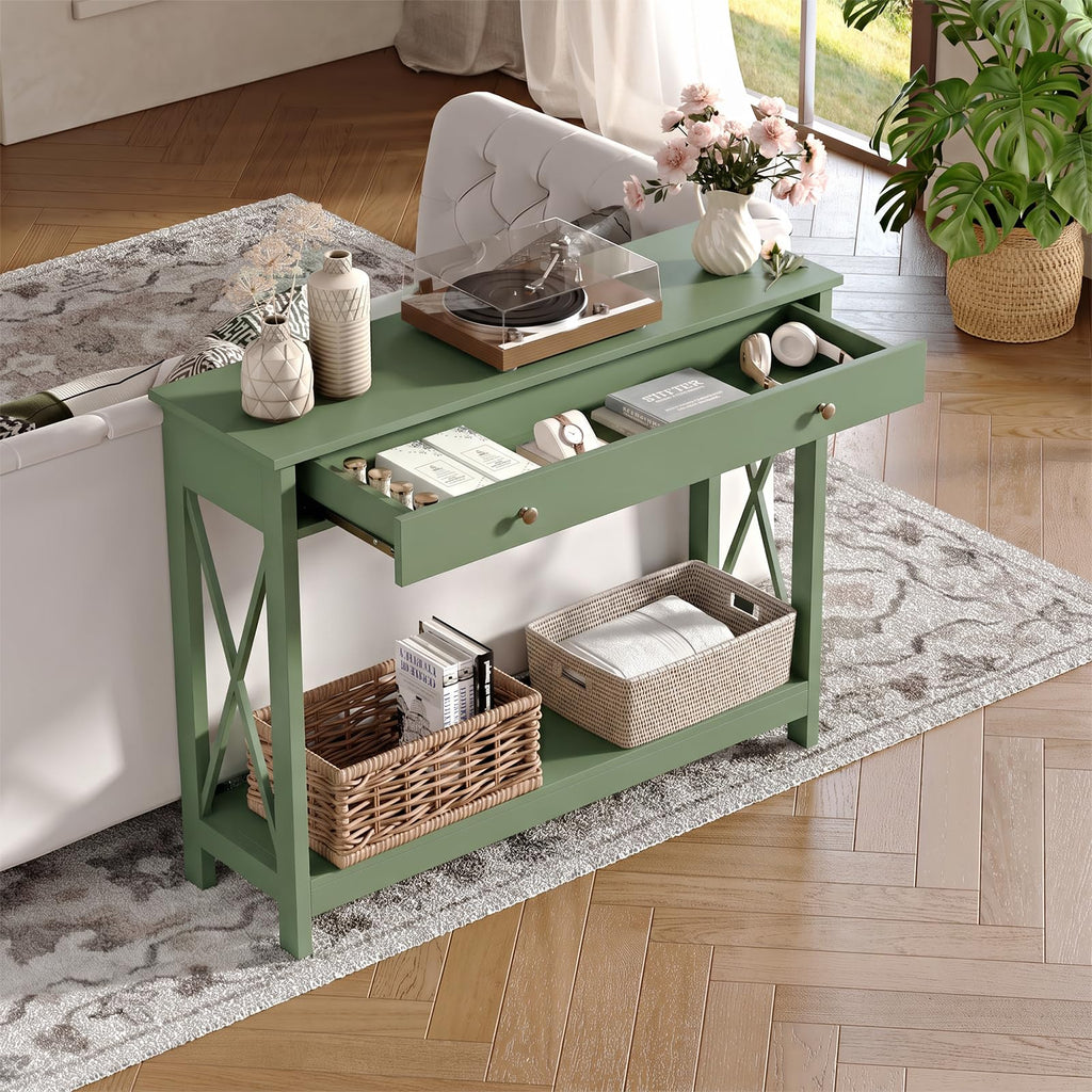 40" Farmhouse Console Table with Drawer and Storage Shelves