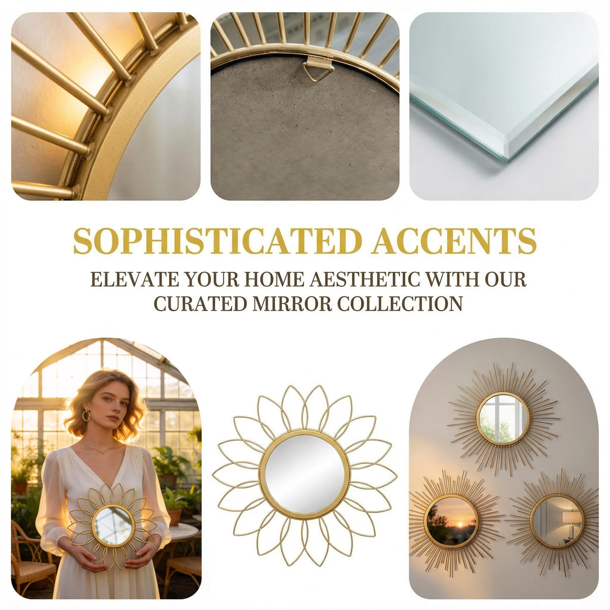 Boho Sunburst Wall Mirror Set of 3, 12 Inch Round Antique & Modern Metal Wall Art, Hanging Over The Door Mirrors