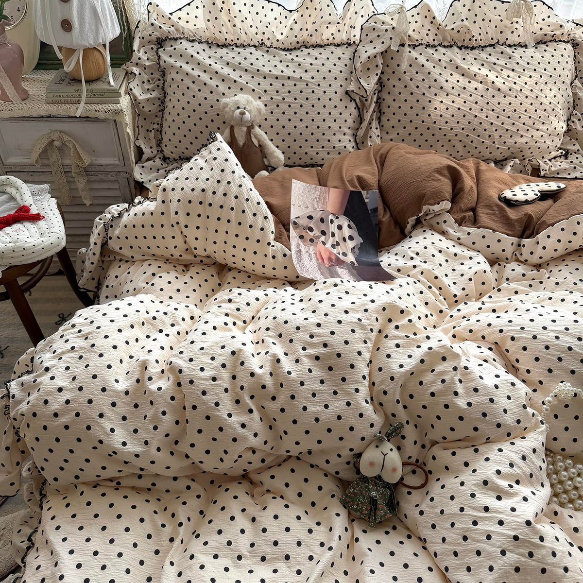 Chic Black Polka Dot Ruffled Beige Duvet Cover