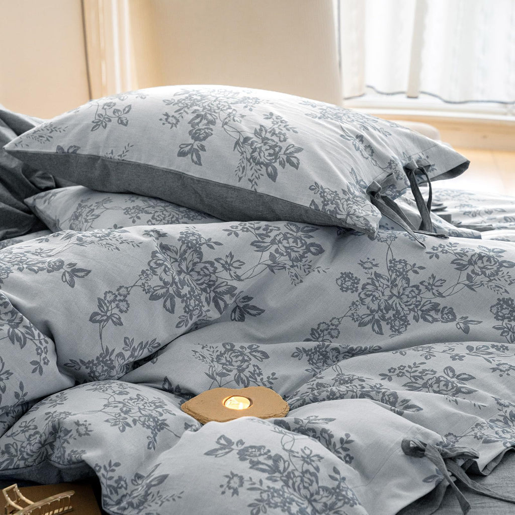 Duvet Cover Set Linen Cotton Yarn-Dyed Duvet Cover, Jacquard Garden Floral Pattern Monet Style 3Pieces