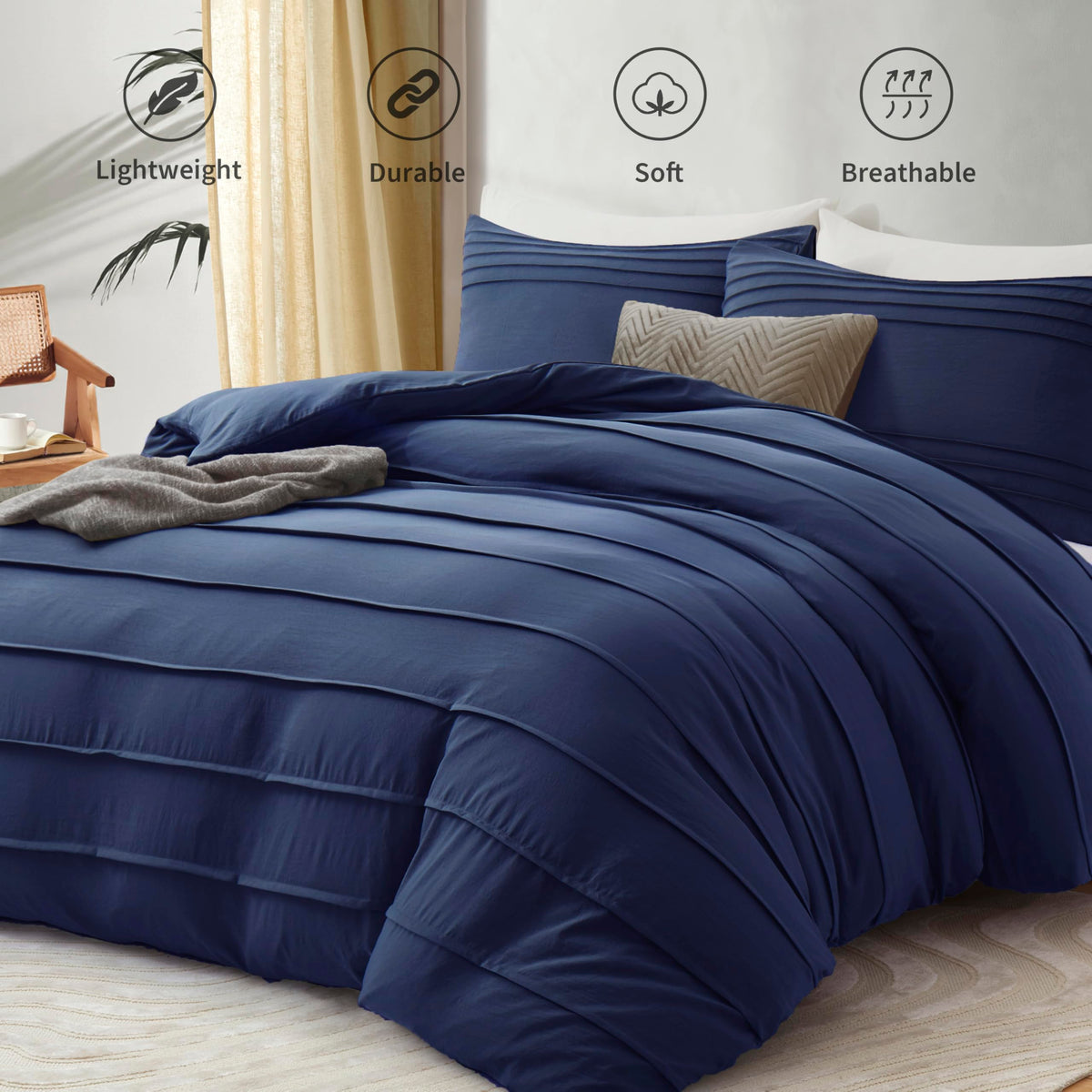 3PCS Pleated Duvet Cover Set, Navy Blue