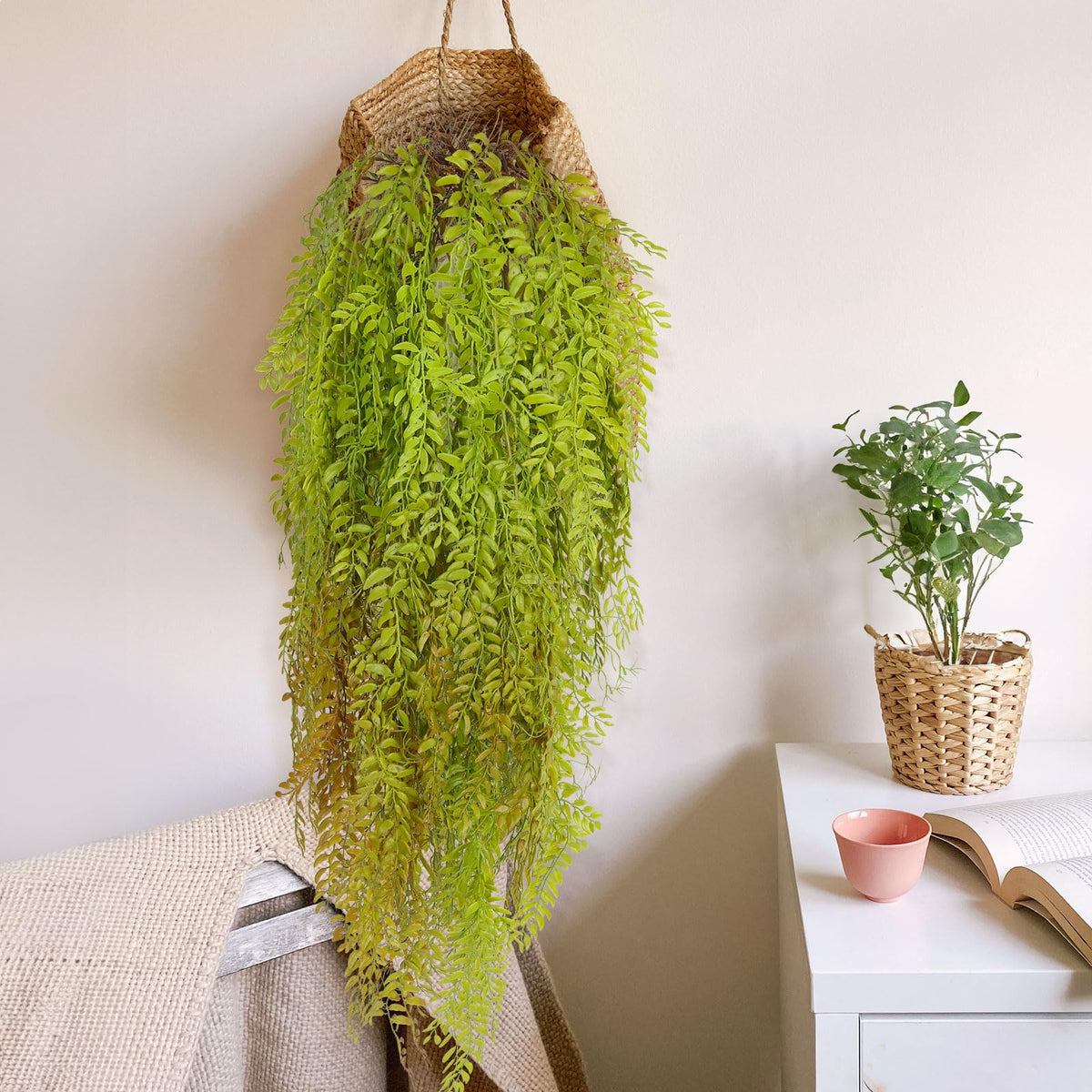 2Pcs Artificial Hanging Fern Willow Leaves Plants 3.7Ft Grass Green
