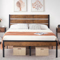 Rustic Queen Metal Bed Frame with Headboard, Rustic Brown