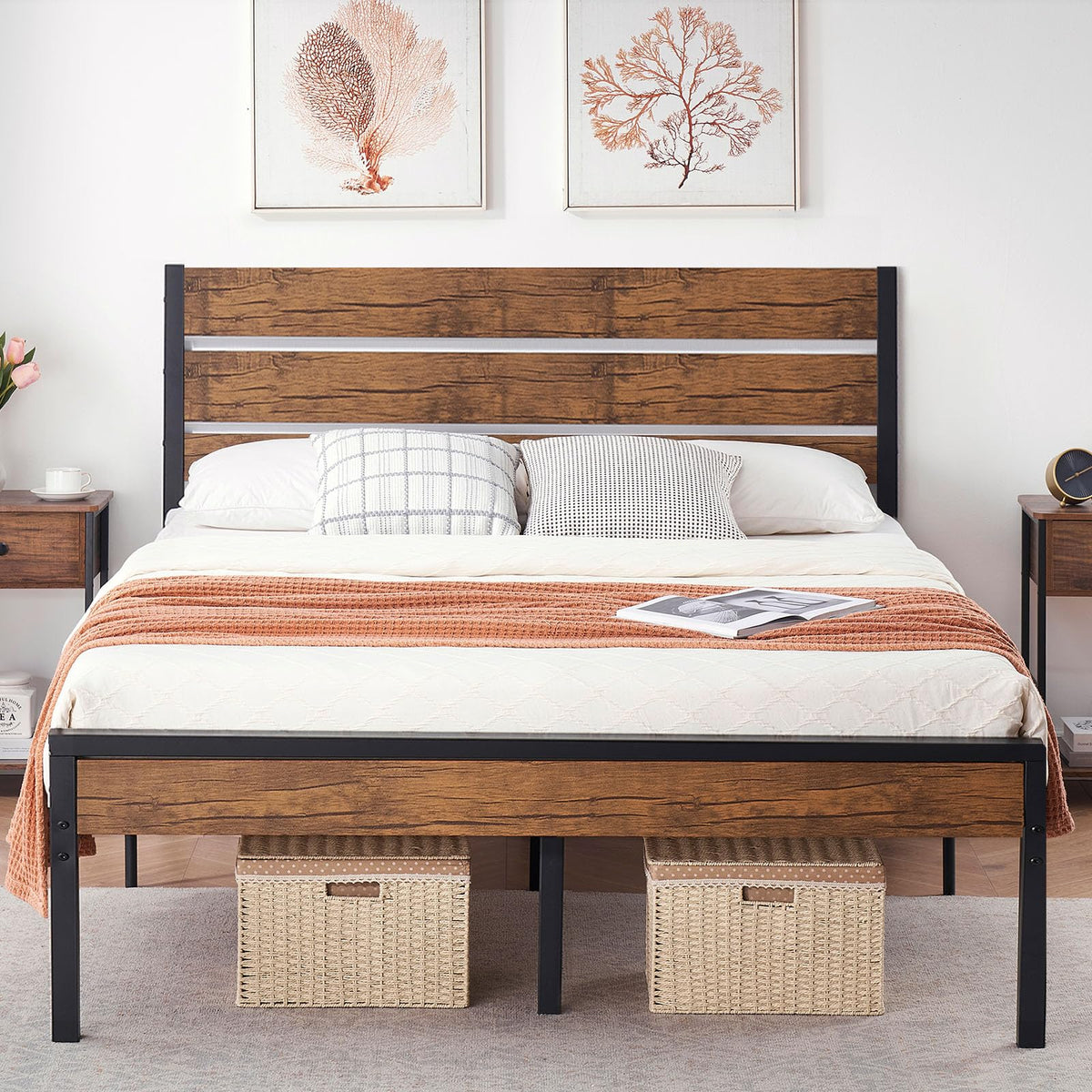 Rustic Queen Metal Bed Frame with Headboard, Rustic Brown