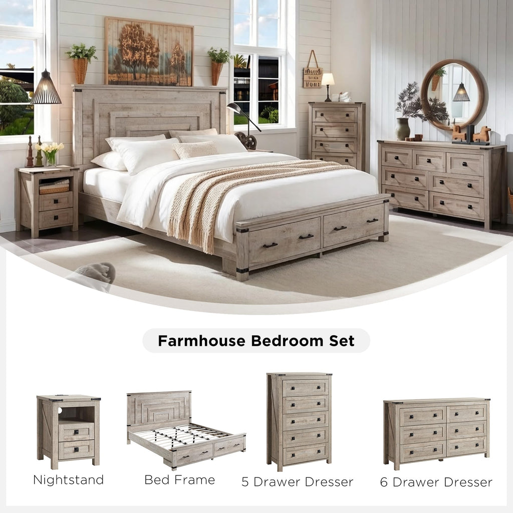 54" Tall Farmhouse Bed Frame, Light Rustic Oak
