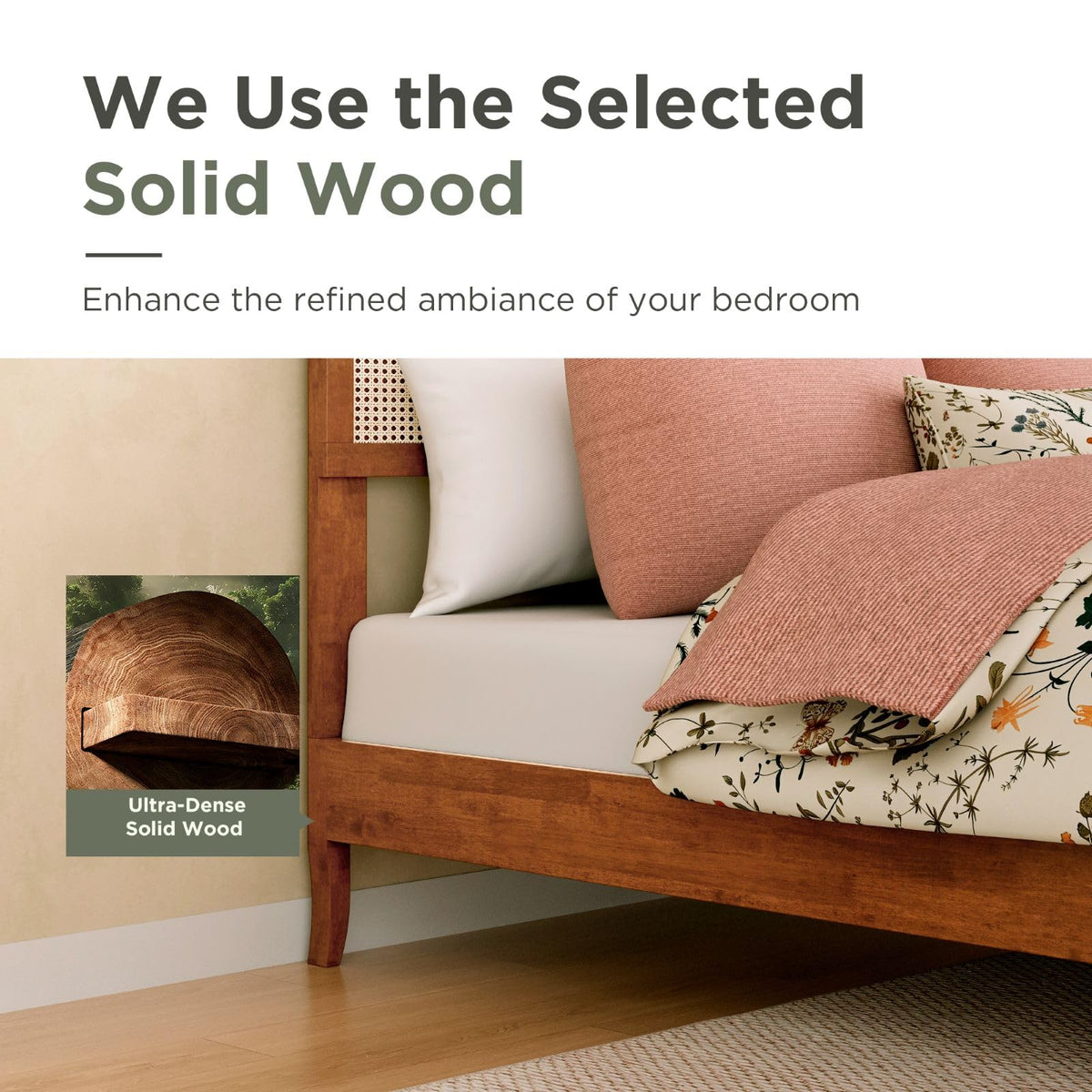 Queen Bed Frame with Headboard, Solid Wood Bedframe