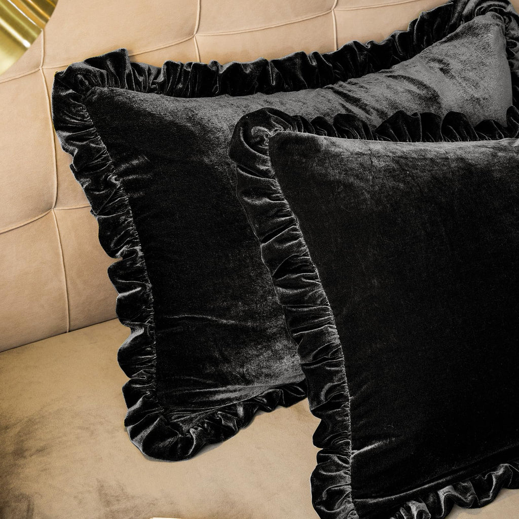 Velvet Pillow Shams Set of 2 Retro Ruffle Flounces Trim Soft Decorative Luxurious Solid Obsidian Black Farmhouse