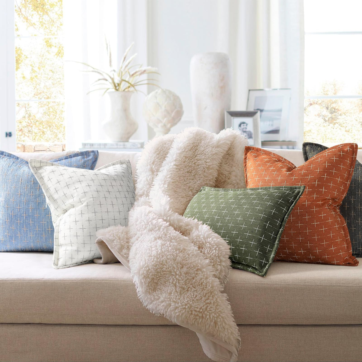 Fall Pillow Covers 20x20 Set of 2 Soft Fall Decor Polyester Textured Pillow Covers with Stylish Flange Edge Cozy