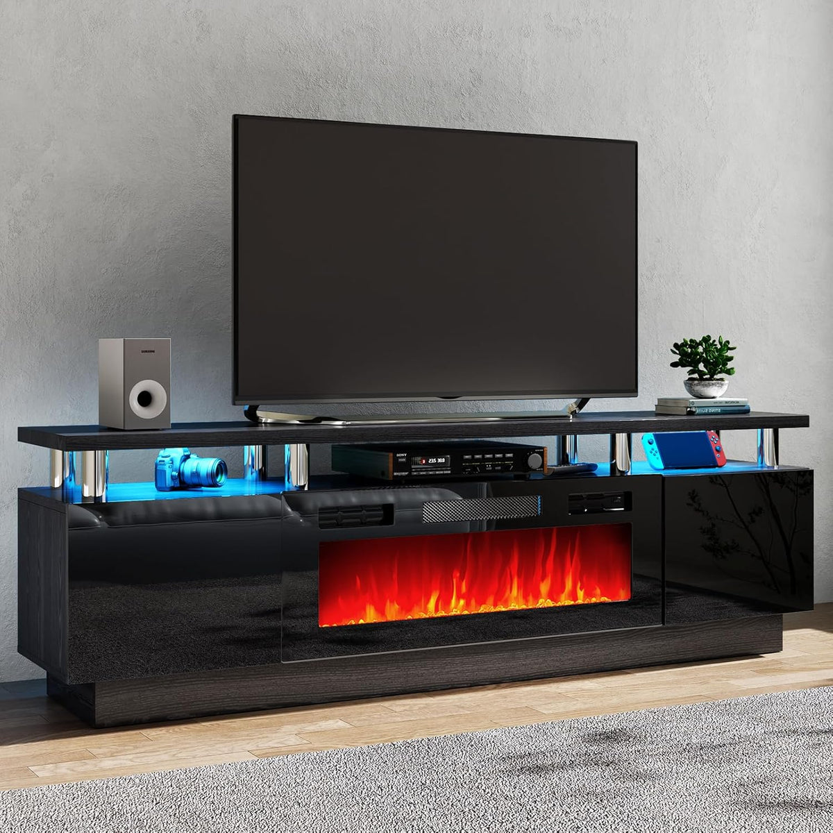 Fireplace TV Stand with 36" Electric Fireplace,LED Light Entertainment Center,2 Tier TV Console Stand for TVs Up to 80",Fireplace for The Living Room TV Stand,Black