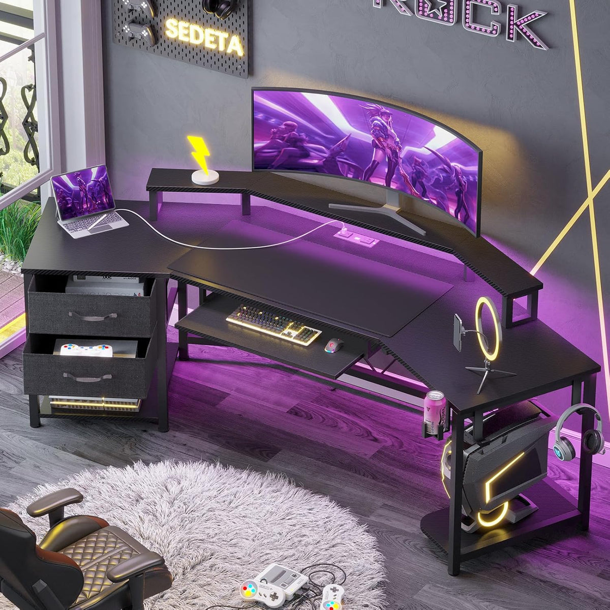 79" Gaming Desk with Fabric Drawers Storage, LED Light & Power Strip | Carbon Fiber Black Long Computer Desk with