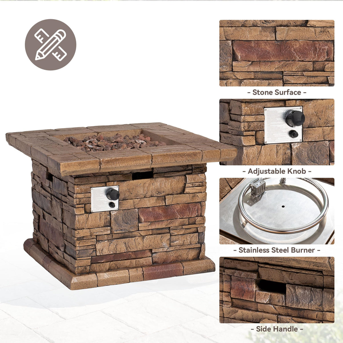 Outdoor Fire Pit Table w Faux Brown Ledgestone 32-inch Square Fire Table, Certified, 50, 000 BTU Stainless Steel