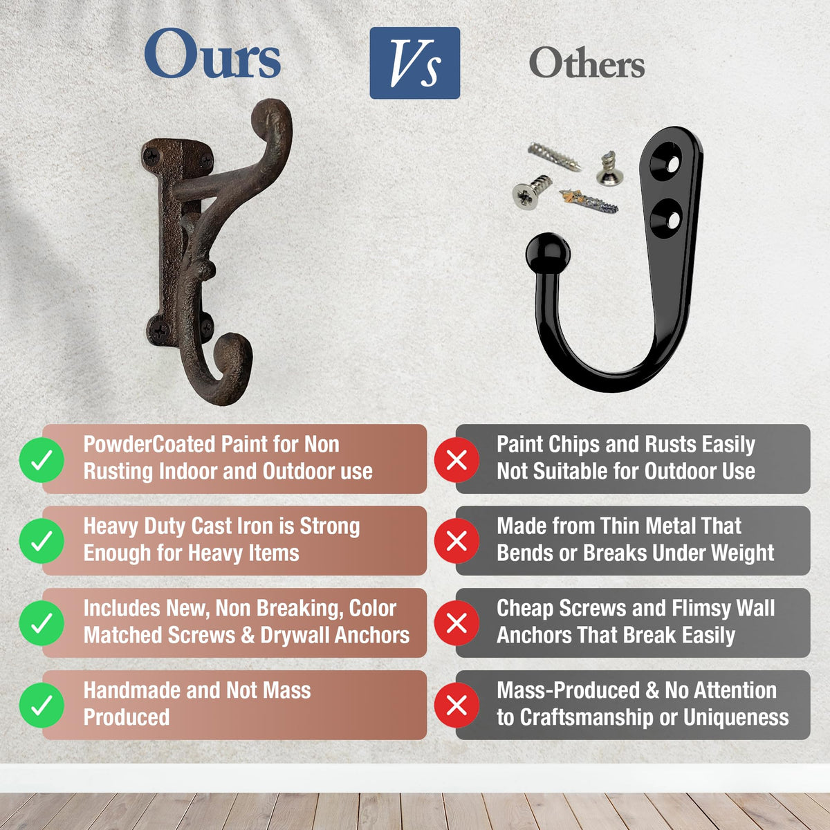 Rustic Cast Iron Coat Hooks (3 Pack) Rustic Dark Brown, Wall Mounted, Farmhouse Decorative, Heavy Duty Wall Hooks for