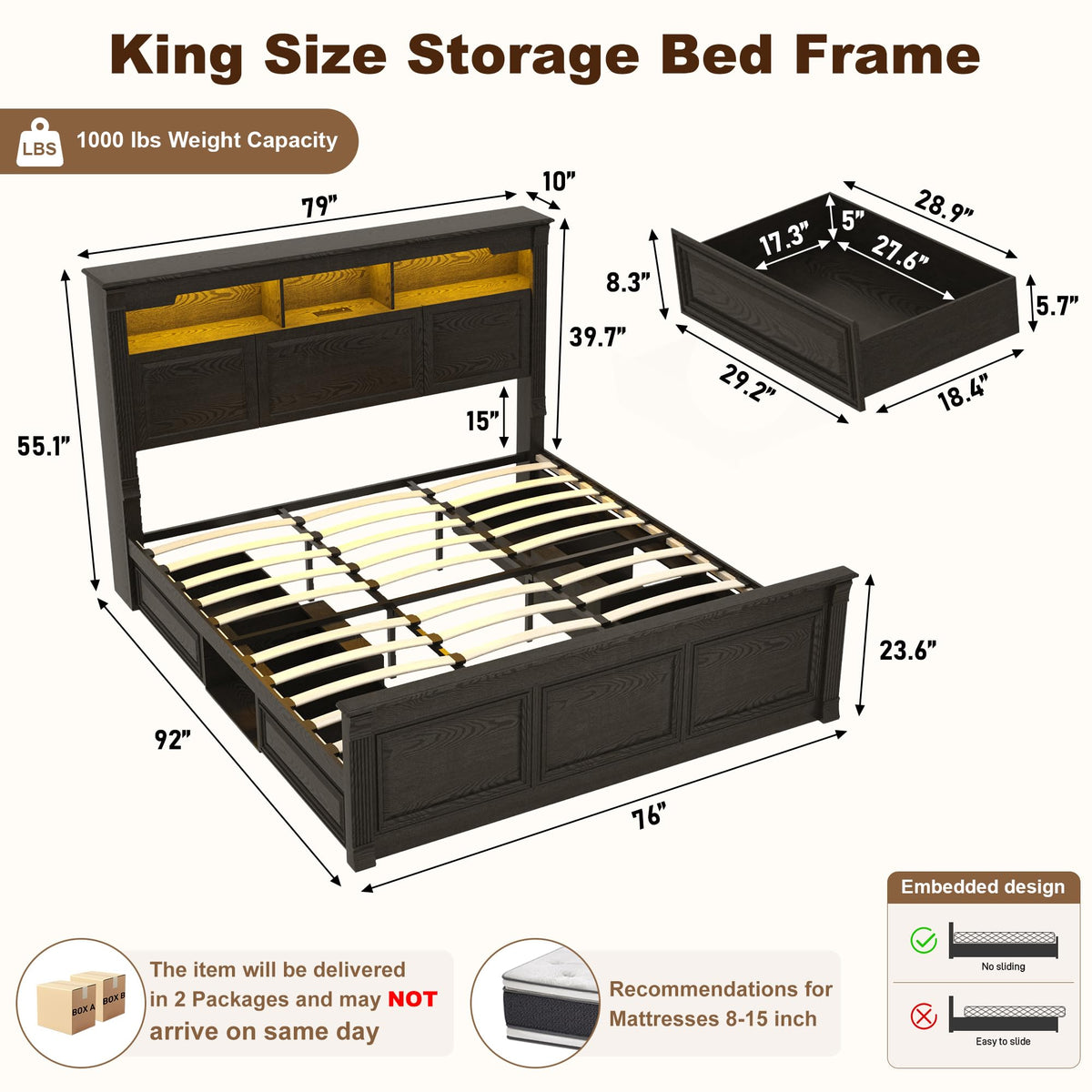 Farmhouse Bed Frame with 55" Tall Storage Headboard & 4 Drawers, Wood Roman Column Platform Bed Frame with